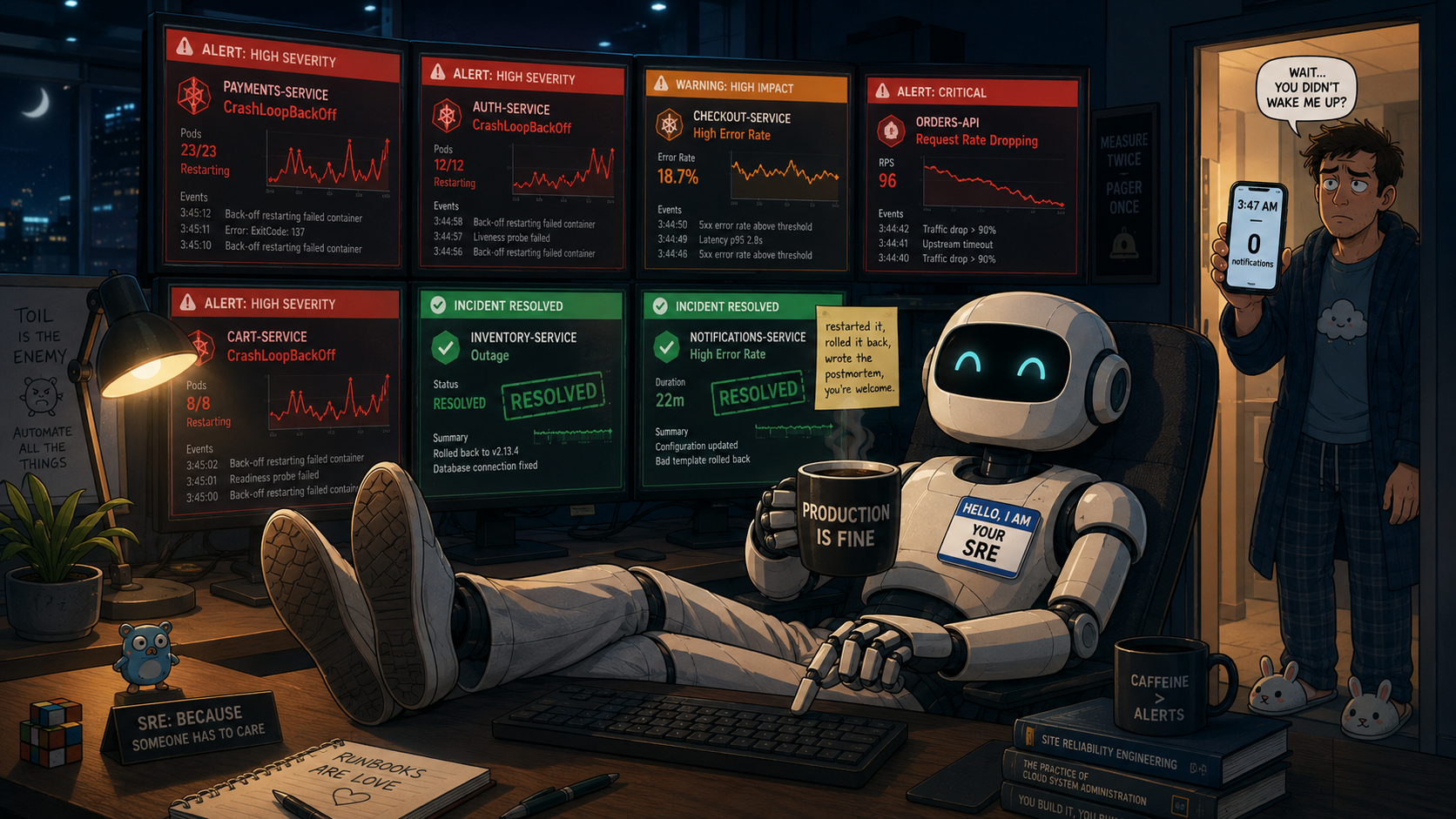 A robot wearing a name tag that says HELLO, I AM YOUR SRE leans back in an office chair with its feet on the desk, sipping from a mug that says PRODUCTION IS FINE, while a wall of monitors behind it shows several CrashLoopBackOff alerts in red alongside two panels marked INCIDENT RESOLVED in green. A sticky note reads: restarted it, rolled it back, wrote the postmortem, you're welcome. In the doorway, a human in pajamas holds up a phone reading 3:47 AM, 0 notifications, looking baffled that nobody woke them up.