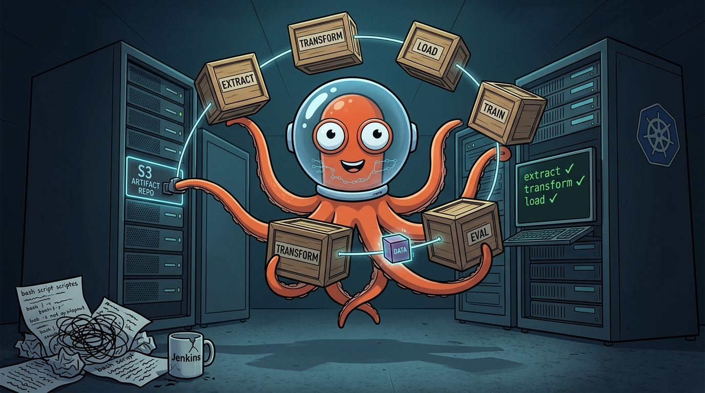 The Argo Workflows octopus mascot, wearing a space helmet, calmly juggles labeled crates reading Extract, Transform, Load, Train, and Eval on its tentacles, one plugged into a glowing S3 artifact repository node, while a discarded pile of scribbled bash scripts and a cracked Jenkins mug sit abandoned on the floor.