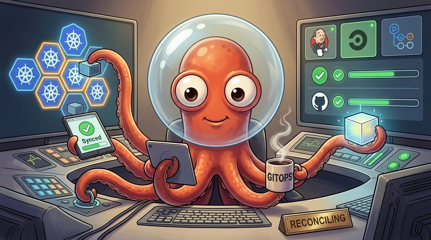 A tangle of pipeline logos handing off a glowing package to the Argo CD octopus logo, which is juggling it among many outstretched tentacle-arms toward a Kubernetes cluster.