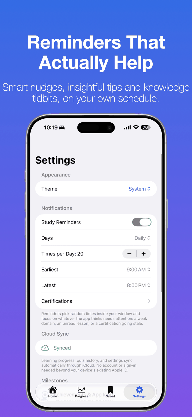 K8s Guide Settings screen showing configurable study reminders and iCloud sync status