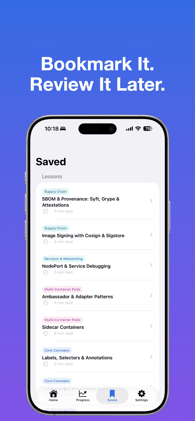 K8s Guide Saved screen showing bookmarked lessons grouped by topic