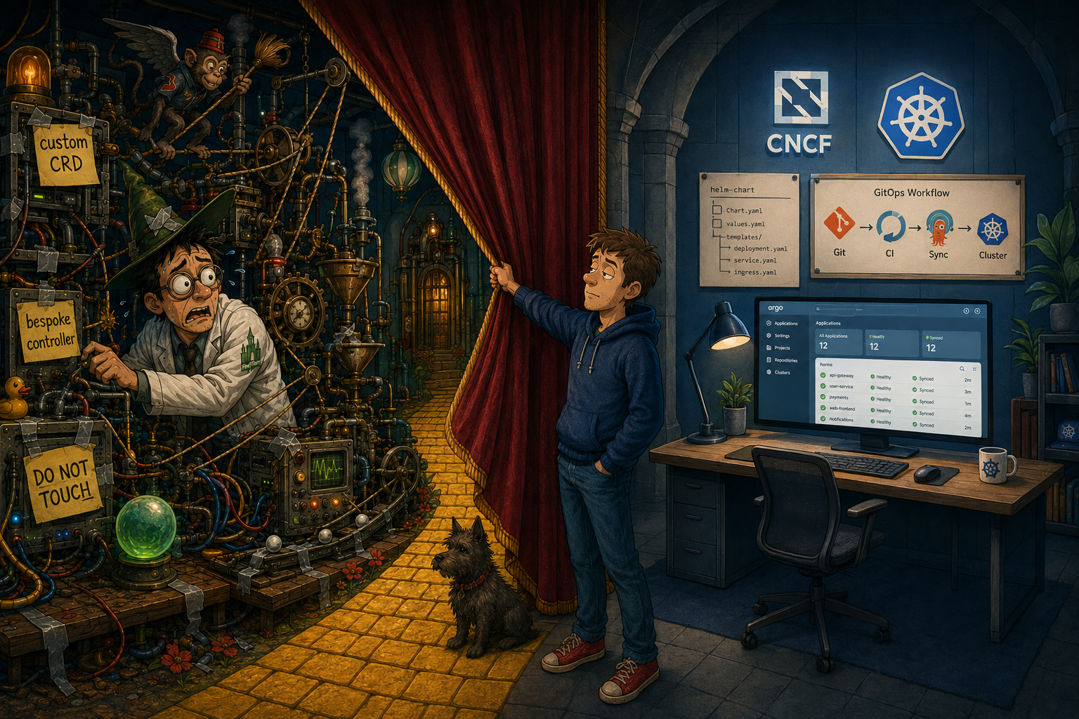 A developer pulls back the curtain on a chaotic bespoke deployment machine, revealing a clean CNCF tooling setup on the other side of the room.