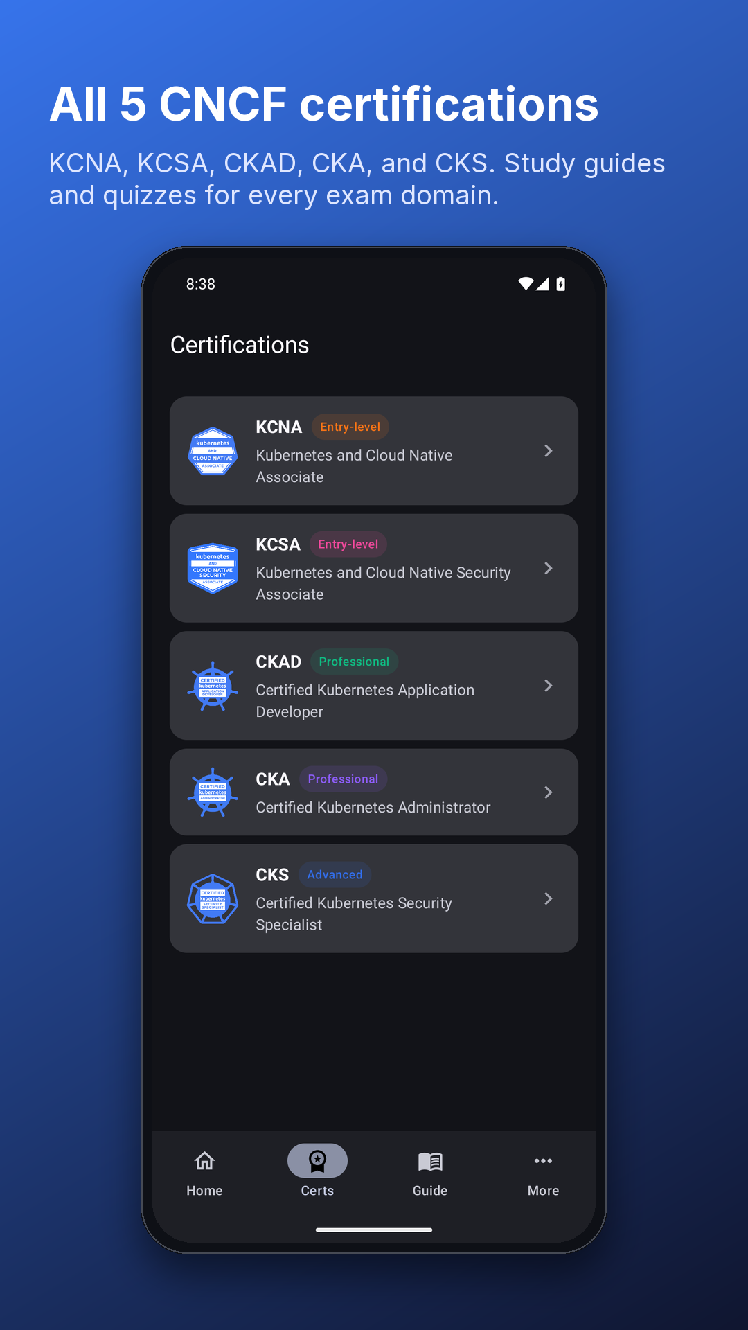 K8s Guide Android Certifications screen listing KCNA, KCSA, CKAD, CKA, and CKS