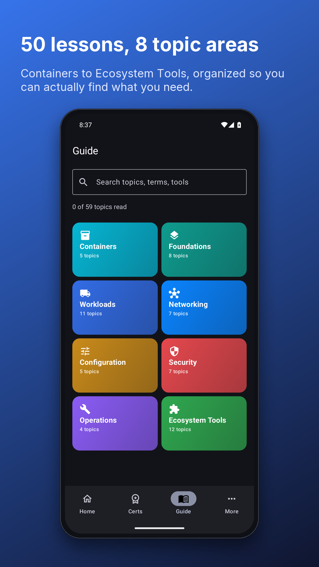 K8s Guide Android Guide screen showing certification domains to study