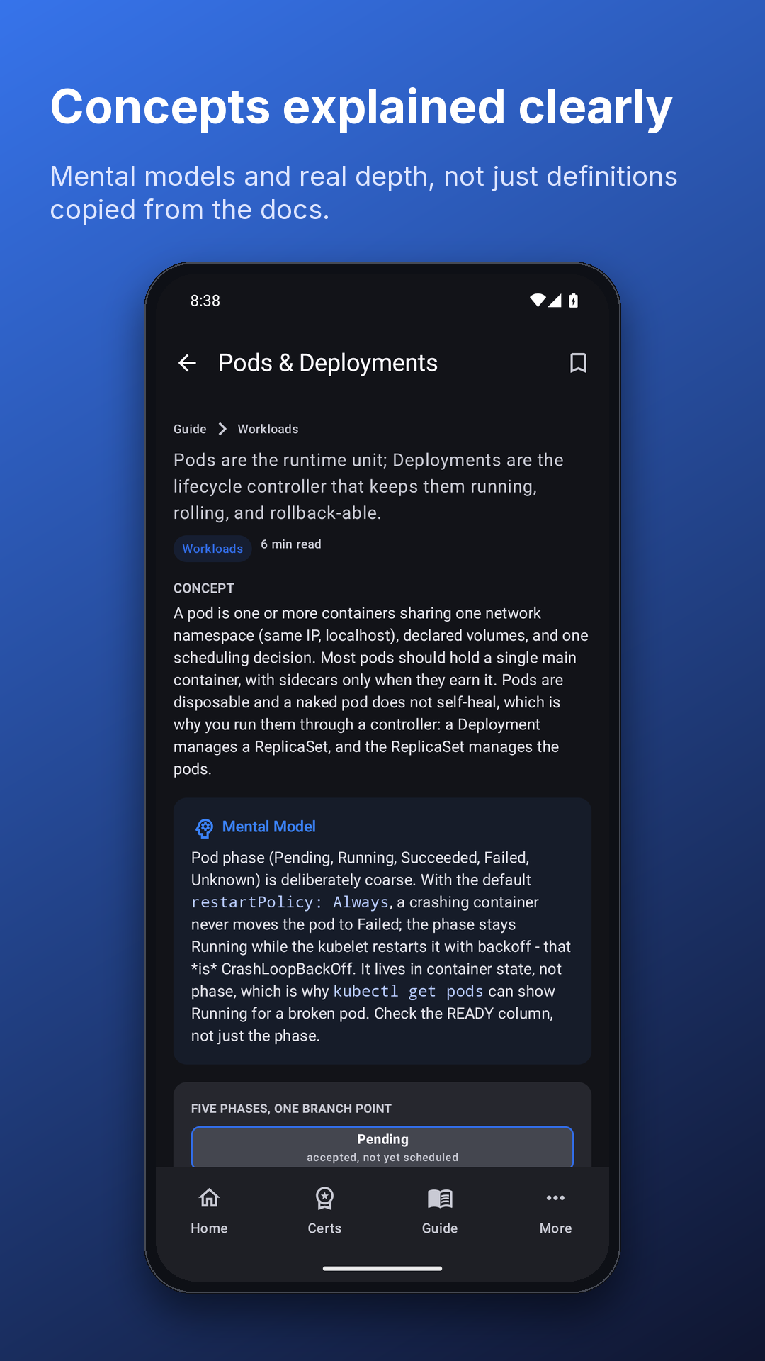 K8s Guide Android lesson screen with detailed Kubernetes explanations