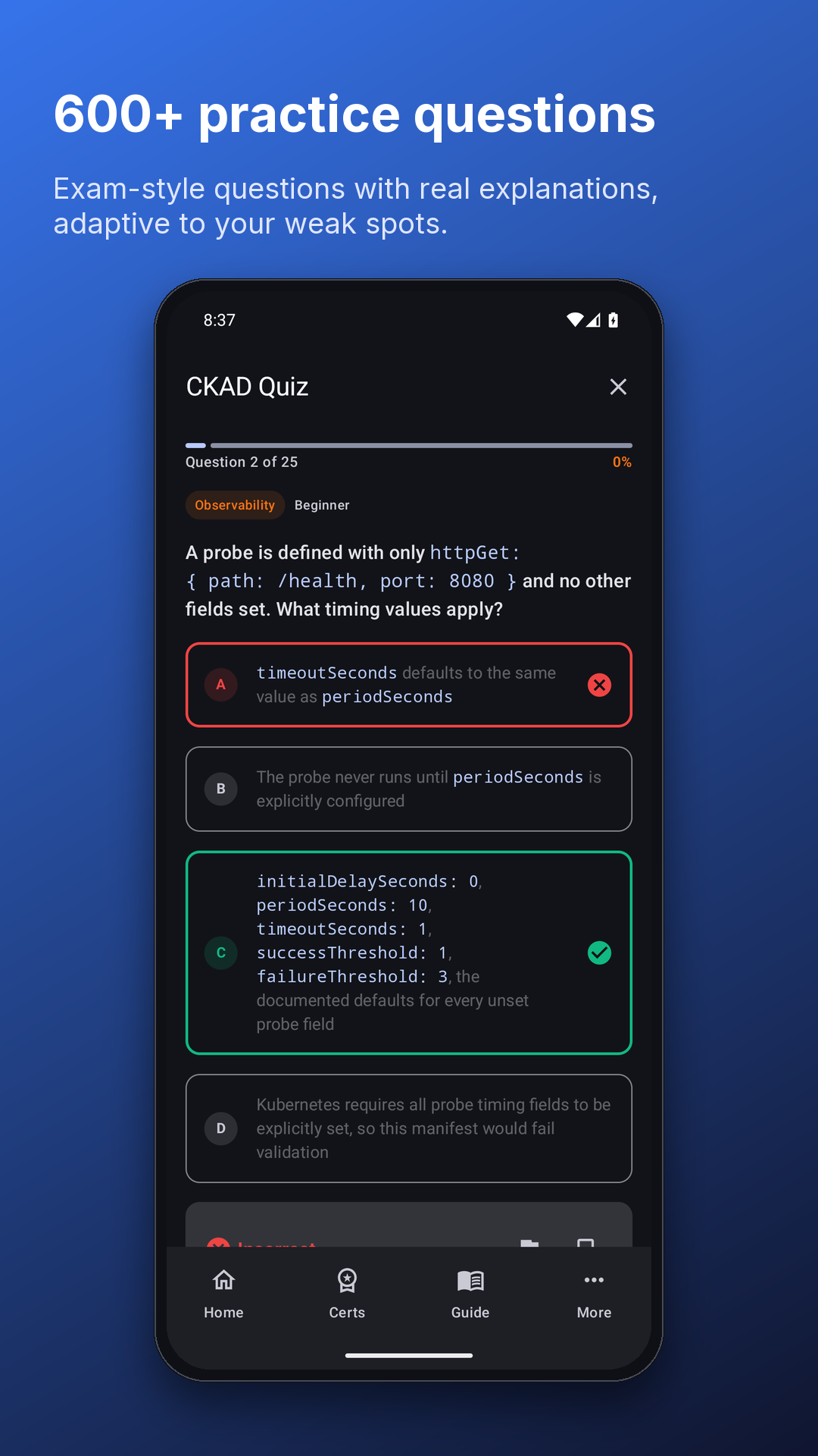 K8s Guide Android quiz screen with a multiple-choice question and instant feedback