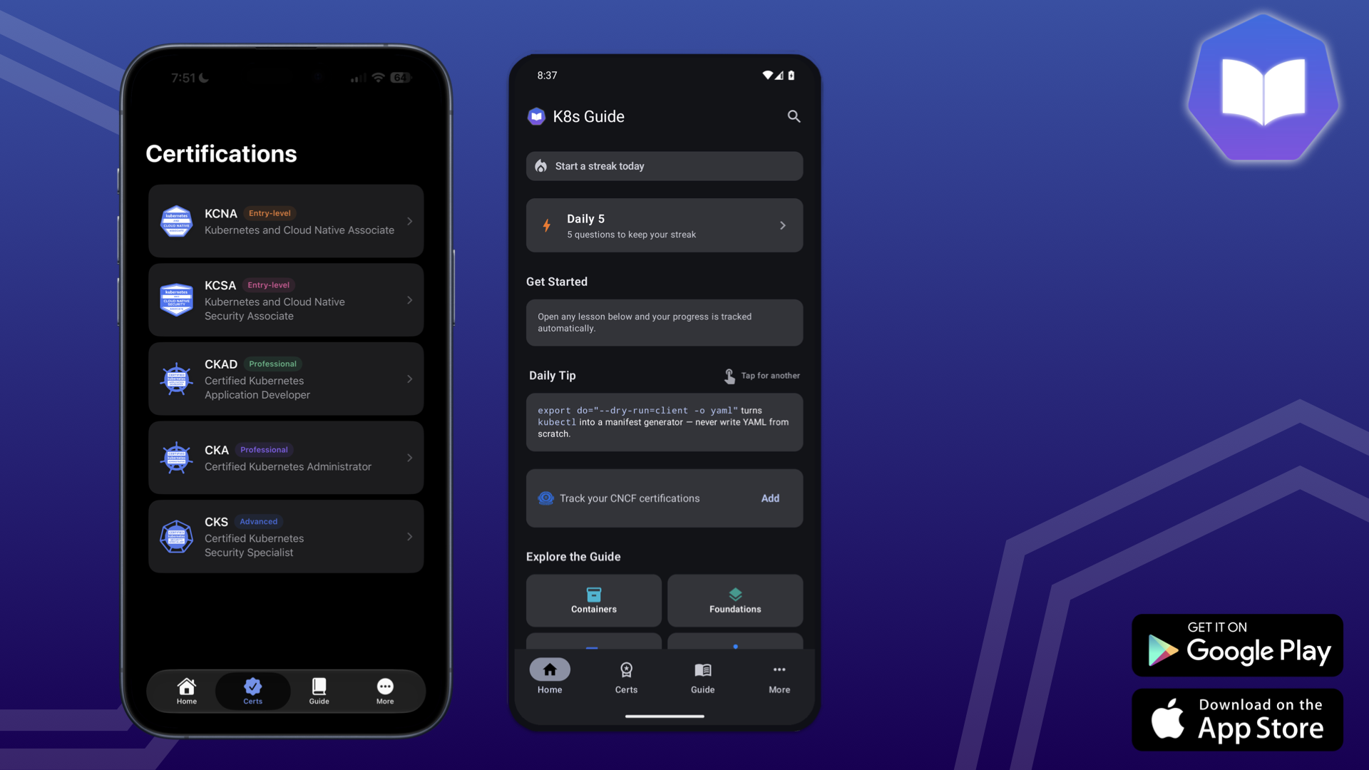 K8s Guide app shown on iPhone and Android, with Get it on Google Play and Download on the App Store badges