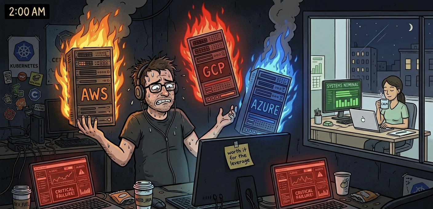 A frazzled engineer juggles flaming servers labeled AWS, GCP, and Azure while a calm colleague runs a single well-organized cluster next door.
