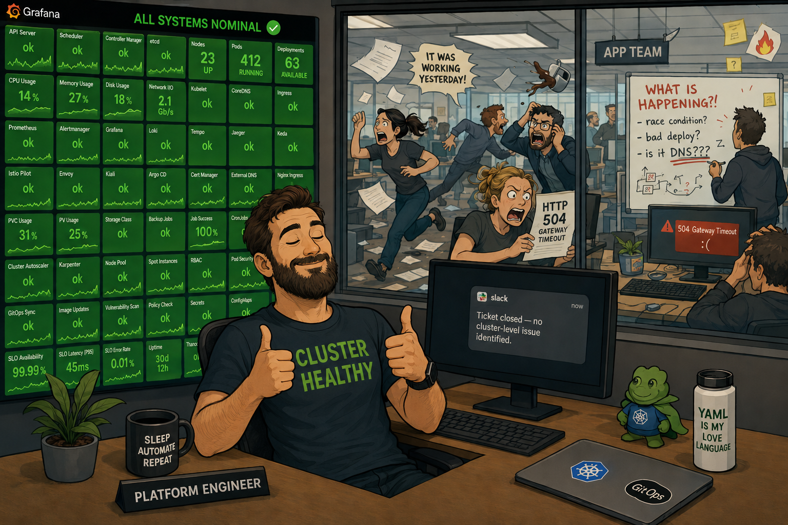 A calm platform engineer sits at a tidy desk, wearing a t-shirt that says CLUSTER HEALTHY, giving two thumbs up at a wall of 63 bright green Grafana panels. Through the glass window behind them, the app team's office is in full disaster-movie mode: people sprinting, someone holding a printout of HTTP 504 errors, a sticky note reading 'works fine locally??', and a whiteboard covered in increasingly desperate theories - 'race condition?', 'bad deploy?', 'is it DNS???' underlined three times. On their monitor, a Slack notification reads: 'Ticket closed - no cluster-level issue identified.'