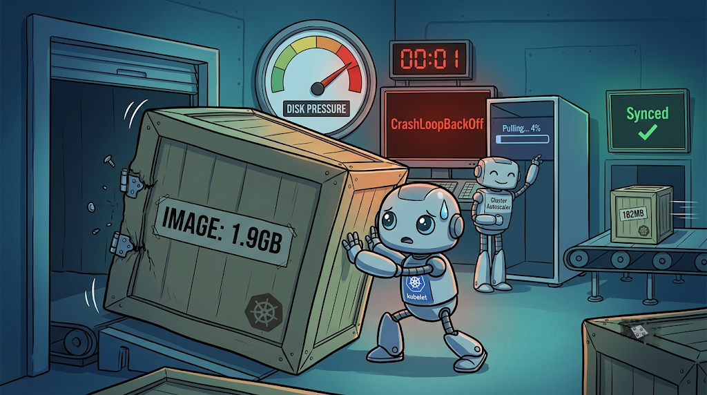 A comically oversized cargo crate labeled IMAGE: 1.9GB is jammed sideways in a loading dock onto a Kubernetes node, hinges straining, while a small robot labeled kubelet pushes against it with both arms and a sweat drop. Behind it, a disk pressure gauge sits deep in the red zone, a countdown timer next to a monitor is about to hit zero above a screen flashing CrashLoopBackOff, and a Cluster Autoscaler robot stands next to a brand new empty node that already shows a stuck progress bar reading Pulling... 4%. In the far background, a small lean crate labeled 182MB zips down a separate conveyor belt past a screen that just says Synced.